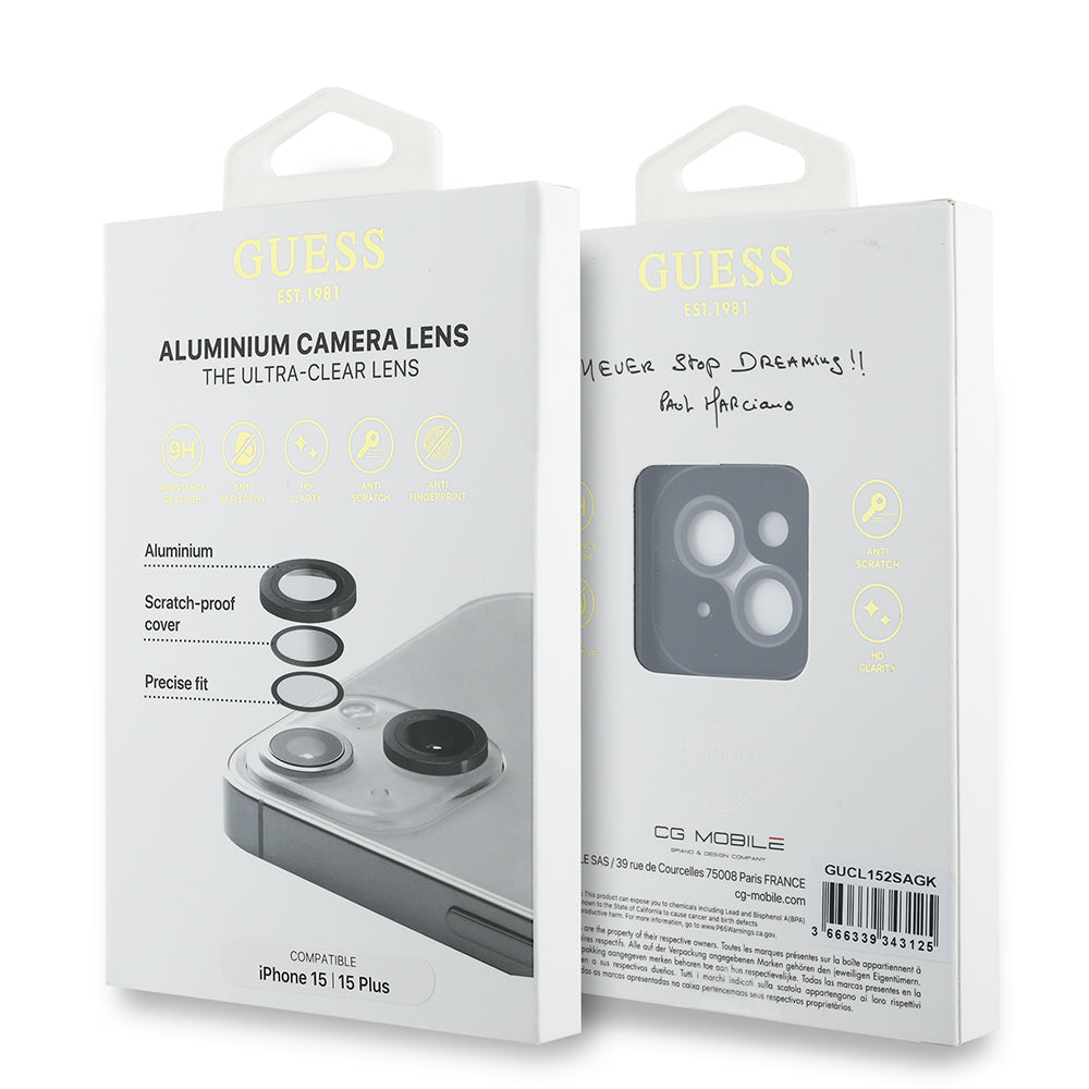 Apple iPhone 15 Plus Guess Orjinal Lisanslı Metal Kamera Lens Koruyucu Siyah
