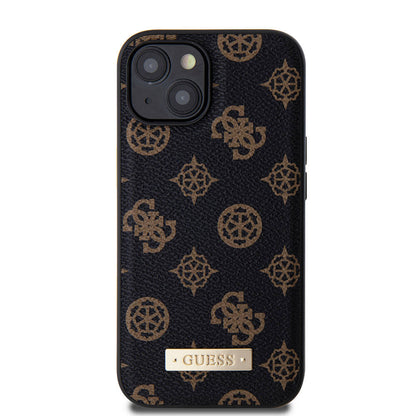 iPhone 15 Plus Kılıf Guess M-safe Şarj Özellikli PU Deri Desenli Metal Plaka Logolu Kılıf
