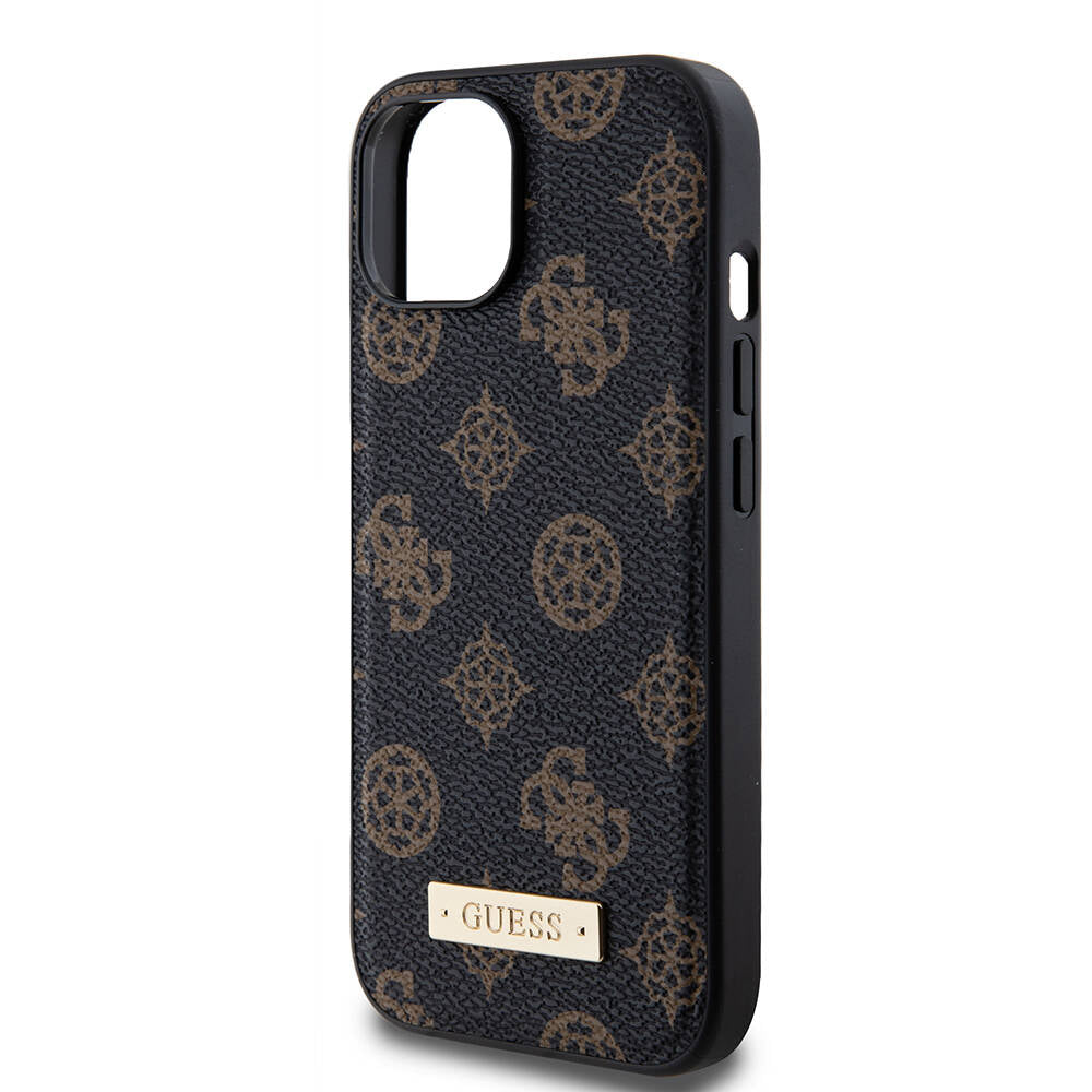iPhone 15 Plus Kılıf Guess M-safe Şarj Özellikli PU Deri Desenli Metal Plaka Logolu Kılıf