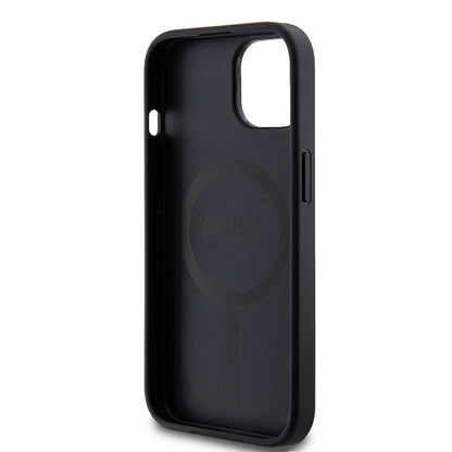 iPhone 15 Plus Kılıf Guess M-safe Şarj Özellikli PU Deri Desenli Metal Plaka Logolu Kılıf