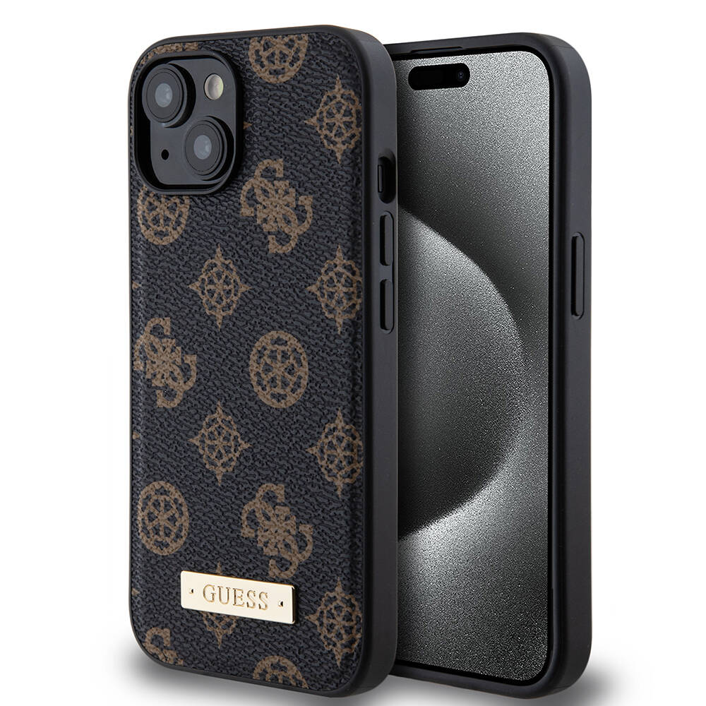 iPhone 15 Plus Kılıf Guess M-safe Şarj Özellikli PU Deri Desenli Metal Plaka Logolu Kılıf
