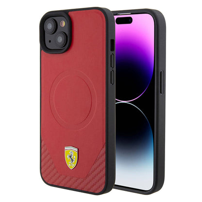 iPhone 15 Plus Kılıf Ferrari Orjinal Lisanslı M-safe Şarj Özellikli Metal Logolu PU Karbon Kılıf