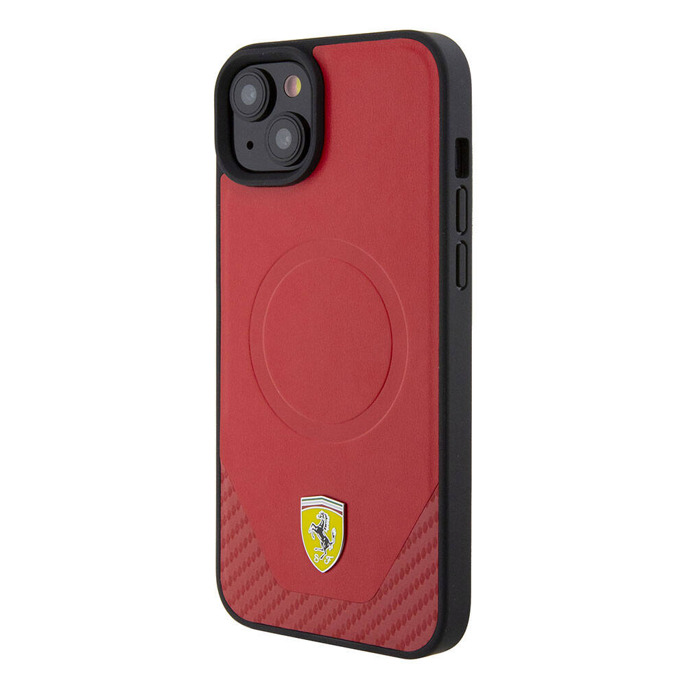 iPhone 15 Plus Kılıf Ferrari Orjinal Lisanslı M-safe Şarj Özellikli Metal Logolu PU Karbon Kılıf