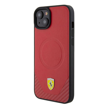 iPhone 15 Plus Kılıf Ferrari Orjinal Lisanslı M-safe Şarj Özellikli Metal Logolu PU Karbon Kılıf