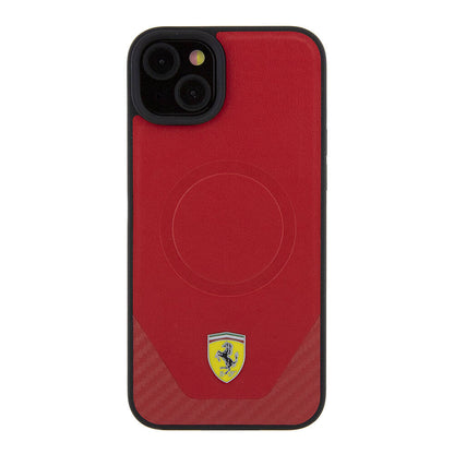 iPhone 15 Plus Kılıf Ferrari Orjinal Lisanslı M-safe Şarj Özellikli Metal Logolu PU Karbon Kılıf