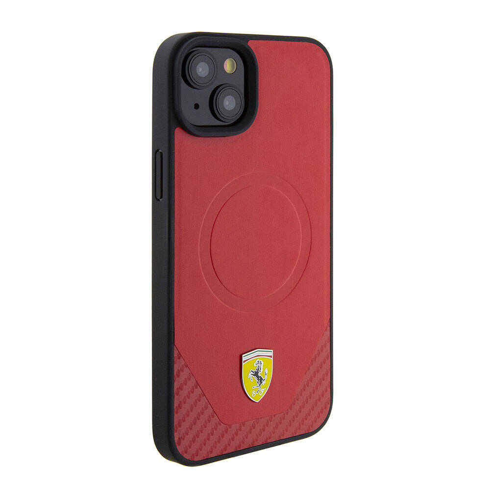 iPhone 15 Plus Kılıf Ferrari Orjinal Lisanslı M-safe Şarj Özellikli Metal Logolu PU Karbon Kılıf