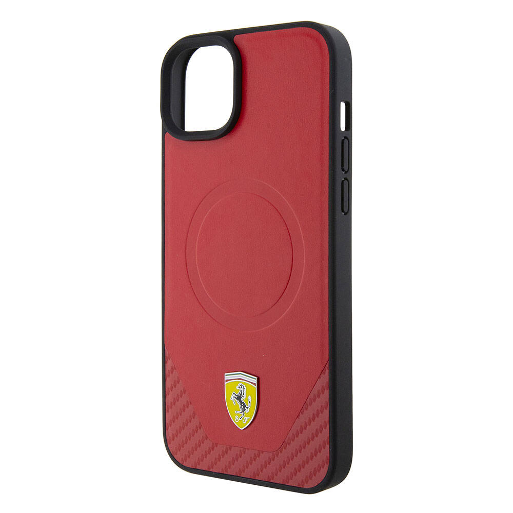 iPhone 15 Plus Kılıf Ferrari Orjinal Lisanslı M-safe Şarj Özellikli Metal Logolu PU Karbon Kılıf