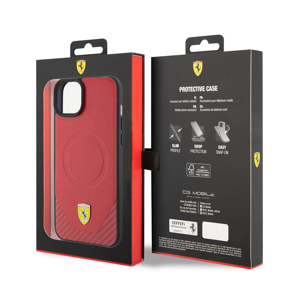 iPhone 15 Plus Kılıf Ferrari Orjinal Lisanslı M-safe Şarj Özellikli Metal Logolu PU Karbon Kılıf