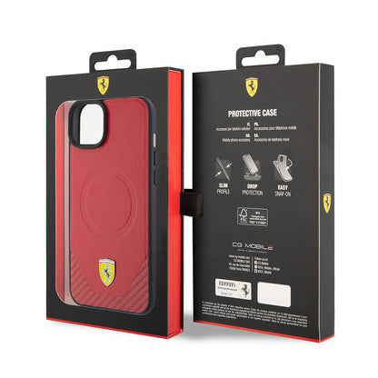 iPhone 15 Plus Kılıf Ferrari Orjinal Lisanslı M-safe Şarj Özellikli Metal Logolu PU Karbon Kılıf