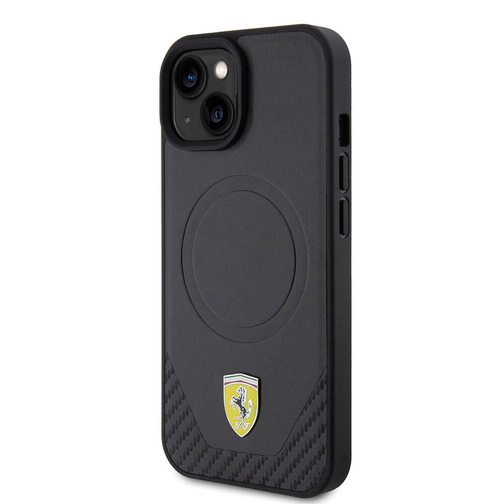 iPhone 15 Plus Kılıf Ferrari Orjinal Lisanslı M-safe Şarj Özellikli Metal Logolu PU Karbon Kılıf