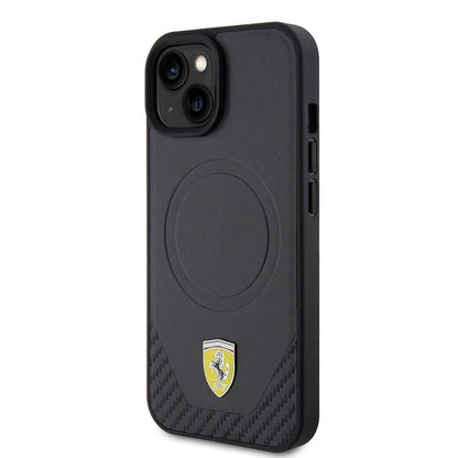 iPhone 15 Plus Kılıf Ferrari Orjinal Lisanslı M-safe Şarj Özellikli Metal Logolu PU Karbon Kılıf