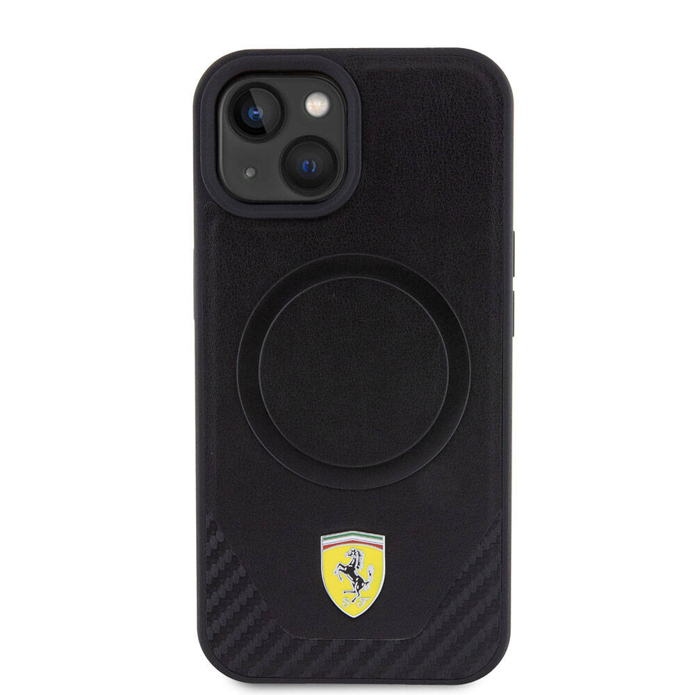 iPhone 15 Plus Kılıf Ferrari Orjinal Lisanslı M-safe Şarj Özellikli Metal Logolu PU Karbon Kılıf