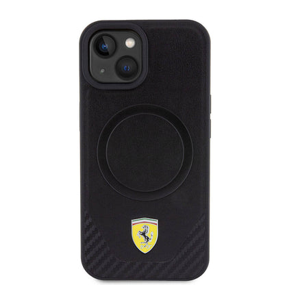 iPhone 15 Plus Kılıf Ferrari Orjinal Lisanslı M-safe Şarj Özellikli Metal Logolu PU Karbon Kılıf