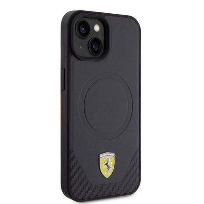 iPhone 15 Plus Kılıf Ferrari Orjinal Lisanslı M-safe Şarj Özellikli Metal Logolu PU Karbon Kılıf