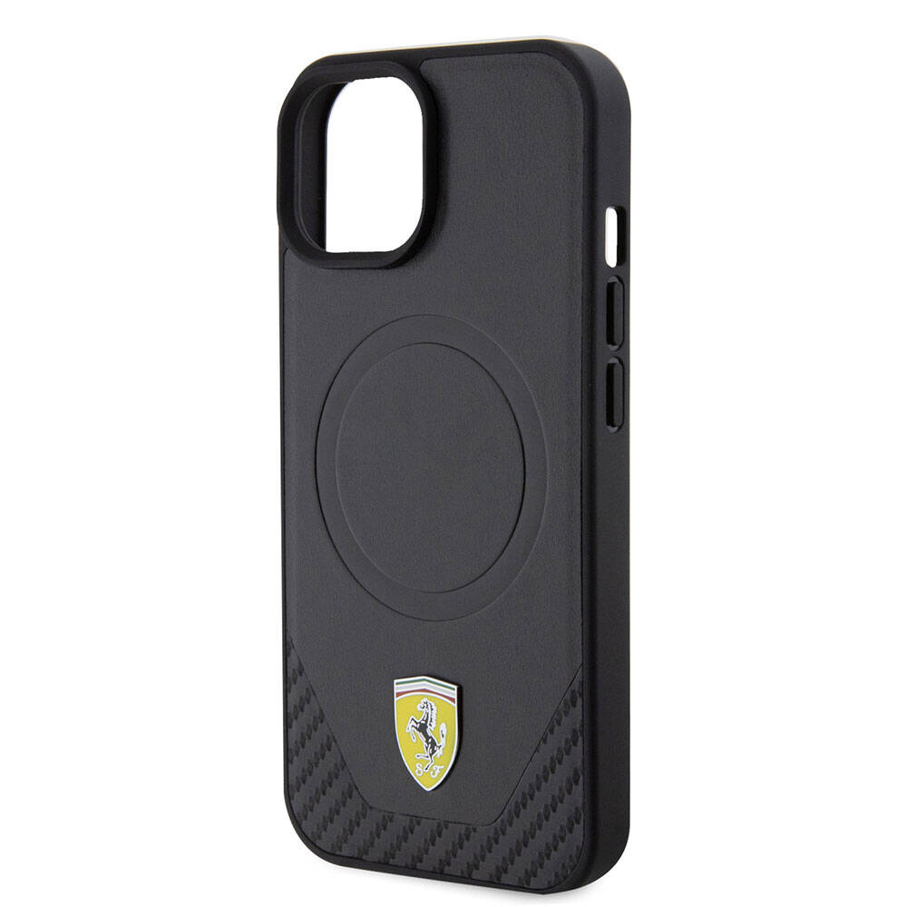 iPhone 15 Plus Kılıf Ferrari Orjinal Lisanslı M-safe Şarj Özellikli Metal Logolu PU Karbon Kılıf