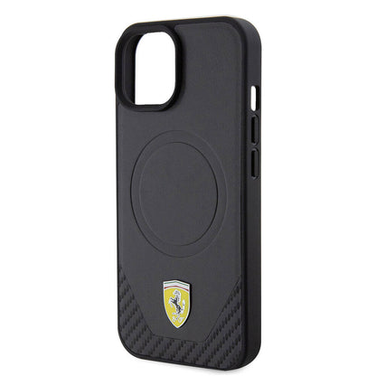 iPhone 15 Plus Kılıf Ferrari Orjinal Lisanslı M-safe Şarj Özellikli Metal Logolu PU Karbon Kılıf