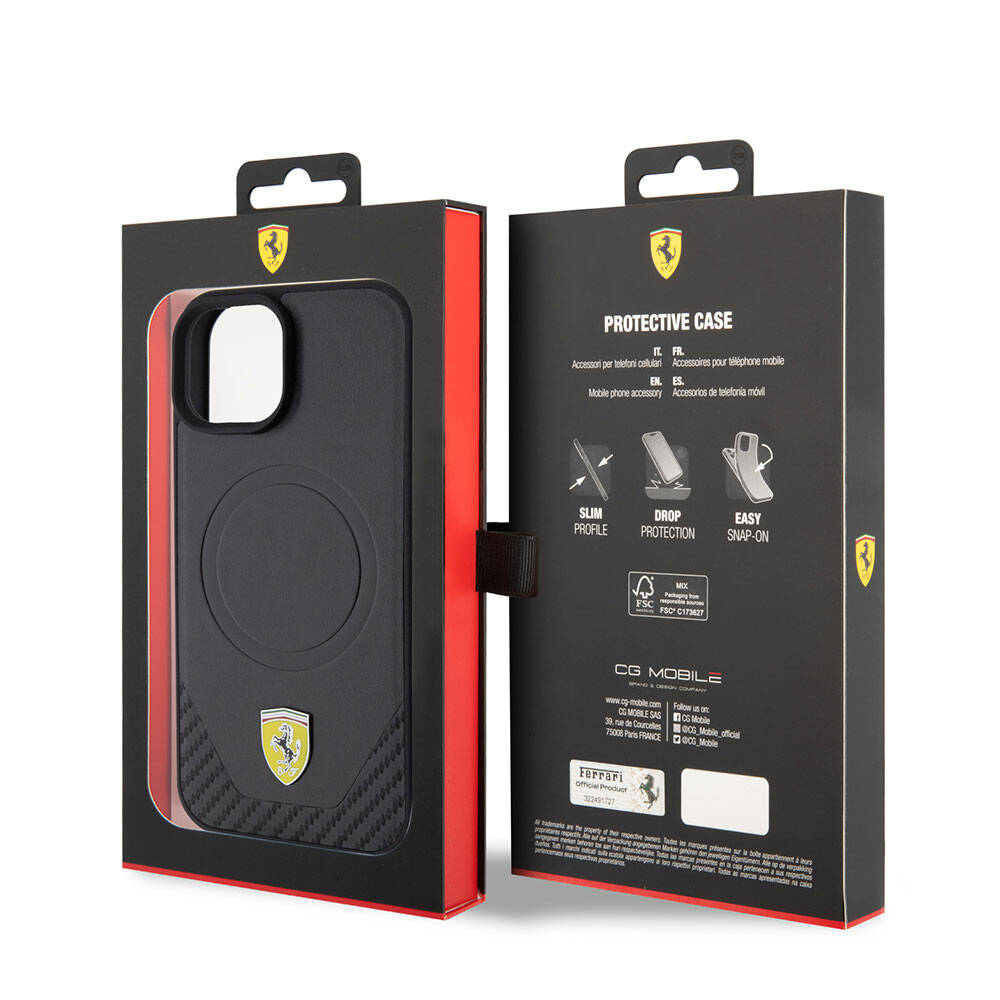 iPhone 15 Plus Kılıf Ferrari Orjinal Lisanslı M-safe Şarj Özellikli Metal Logolu PU Karbon Kılıf