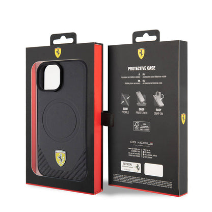 iPhone 15 Plus Kılıf Ferrari Orjinal Lisanslı M-safe Şarj Özellikli Metal Logolu PU Karbon Kılıf