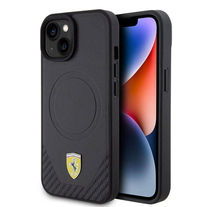 iPhone 15 Plus Kılıf Ferrari Orjinal Lisanslı M-safe Şarj Özellikli Metal Logolu PU Karbon Kılıf