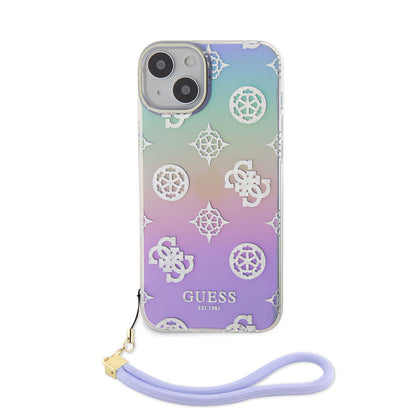 iPhone 15 Plus Kılıf Guess Orjinal Lisanslı Desenli Yazı Logolu Askı İpli Holografik Glitter Peony Kılıf