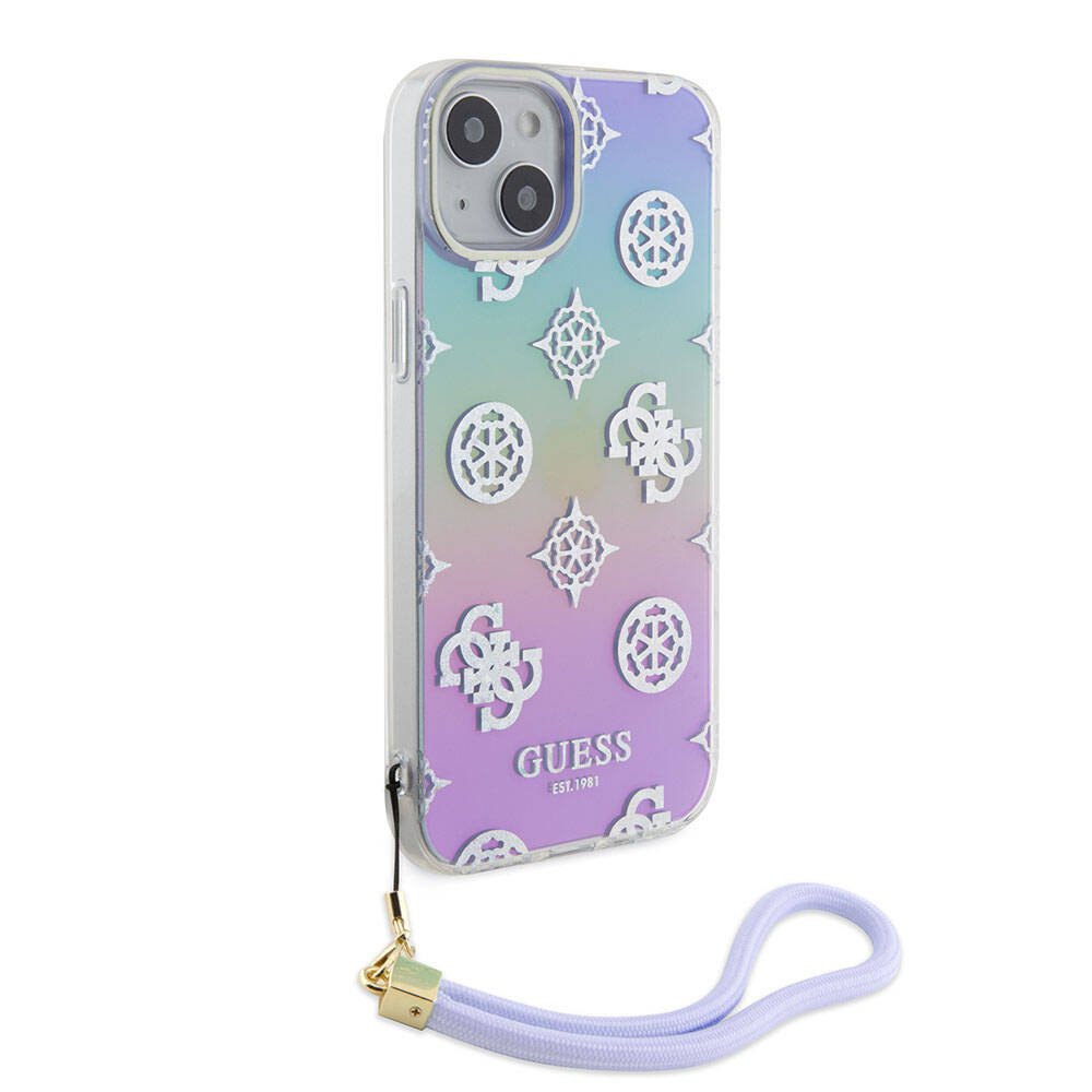 iPhone 15 Plus Kılıf Guess Orjinal Lisanslı Desenli Yazı Logolu Askı İpli Holografik Glitter Peony Kılıf