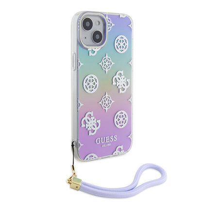 iPhone 15 Plus Kılıf Guess Orjinal Lisanslı Desenli Yazı Logolu Askı İpli Holografik Glitter Peony Kılıf