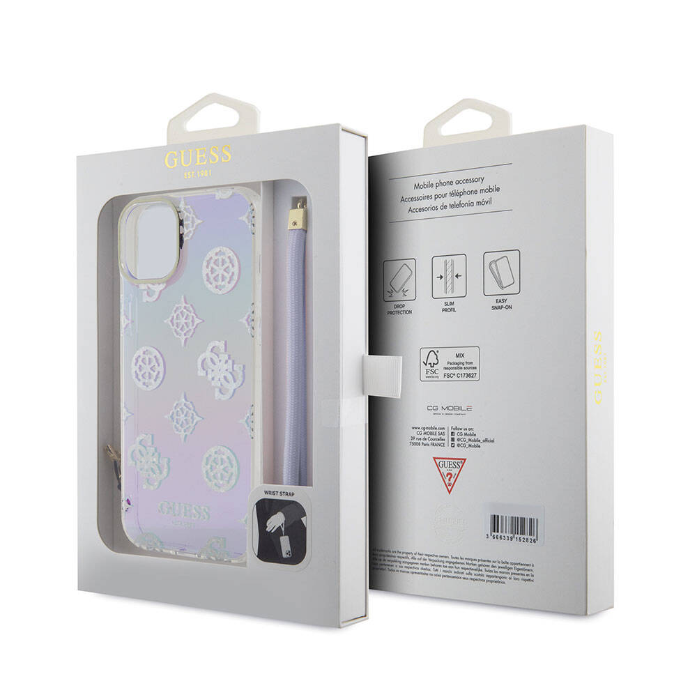 iPhone 15 Plus Kılıf Guess Orjinal Lisanslı Desenli Yazı Logolu Askı İpli Holografik Glitter Peony Kılıf