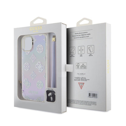 iPhone 15 Plus Kılıf Guess Orjinal Lisanslı Desenli Yazı Logolu Askı İpli Holografik Glitter Peony Kılıf