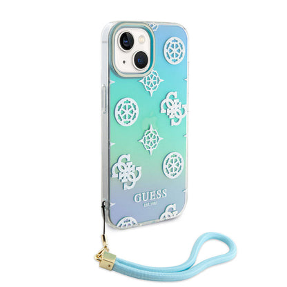 iPhone 15 Plus Kılıf Guess Orjinal Lisanslı Desenli Yazı Logolu Askı İpli Holografik Glitter Peony Kılıf