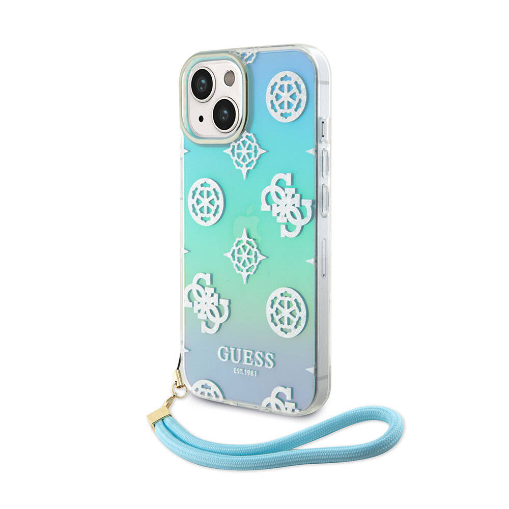 iPhone 15 Plus Kılıf Guess Orjinal Lisanslı Desenli Yazı Logolu Askı İpli Holografik Glitter Peony Kılıf