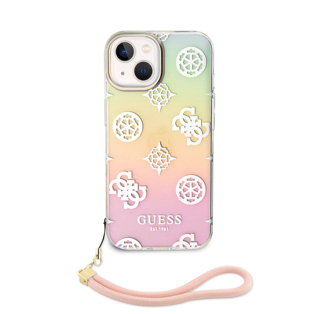 iPhone 15 Plus Kılıf Guess Orjinal Lisanslı Desenli Yazı Logolu Askı İpli Holografik Glitter Peony Kılıf