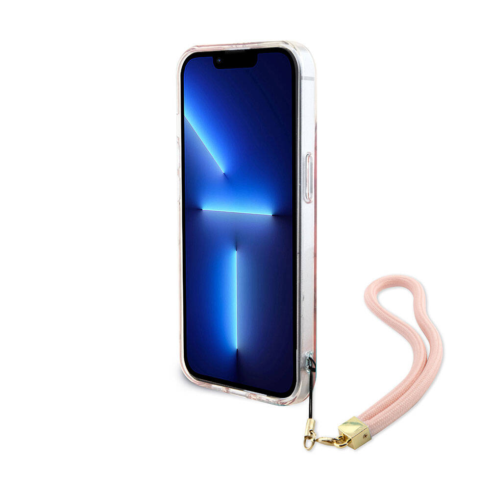 iPhone 15 Plus Kılıf Guess Orjinal Lisanslı Desenli Yazı Logolu Askı İpli Holografik Glitter Peony Kılıf
