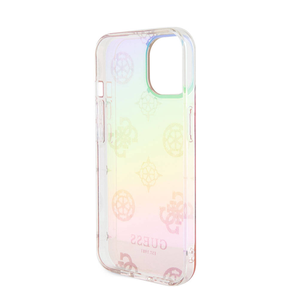 iPhone 15 Plus Kılıf Guess Orjinal Lisanslı Desenli Yazı Logolu Askı İpli Holografik Glitter Peony Kılıf