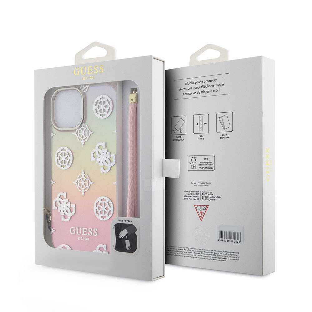 iPhone 15 Plus Kılıf Guess Orjinal Lisanslı Desenli Yazı Logolu Askı İpli Holografik Glitter Peony Kılıf