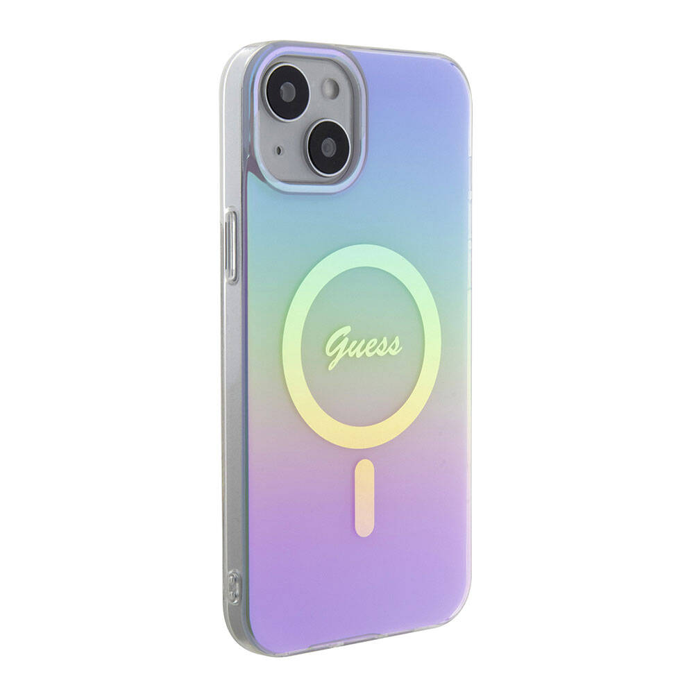 iPhone 15 Plus Kılıf Guess Orjinal Lisanslı M-safe Şarj Özellikli Yazı Logolu Iridescent Kılıf