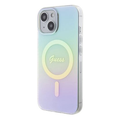 iPhone 15 Plus Kılıf Guess Orjinal Lisanslı M-safe Şarj Özellikli Yazı Logolu Iridescent Kılıf