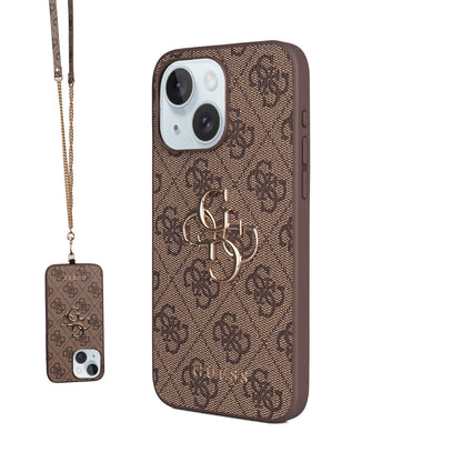 iPhone 15 Plus Kılıf Guess Orjinal Lisanslı PU Deri 4G Büyük Metal Logolu Çapraz Vücut Askılı Kılıf