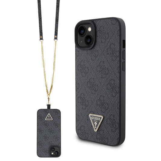 iPhone 15 Plus Kılıf Guess Orjinal Lisanslı PU Deri Askılı Taşlı Üçgen Logo 4G Desenli Strass Crossbody Kılıf