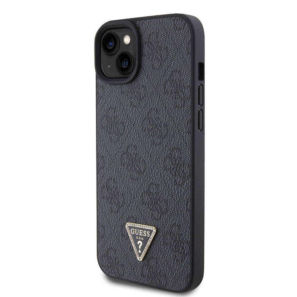 iPhone 15 Plus Kılıf Guess Orjinal Lisanslı PU Deri Askılı Taşlı Üçgen Logo 4G Desenli Strass Crossbody Kılıf