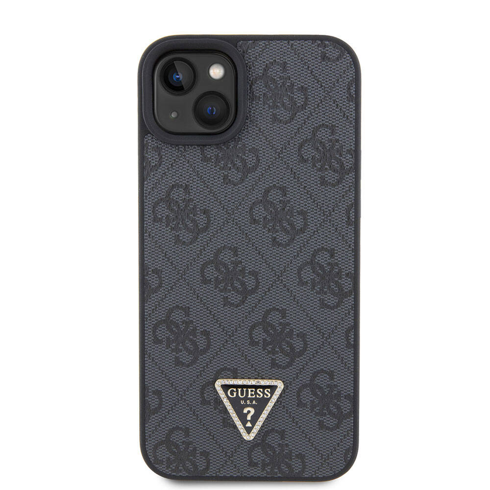 iPhone 15 Plus Kılıf Guess Orjinal Lisanslı PU Deri Askılı Taşlı Üçgen Logo 4G Desenli Strass Crossbody Kılıf