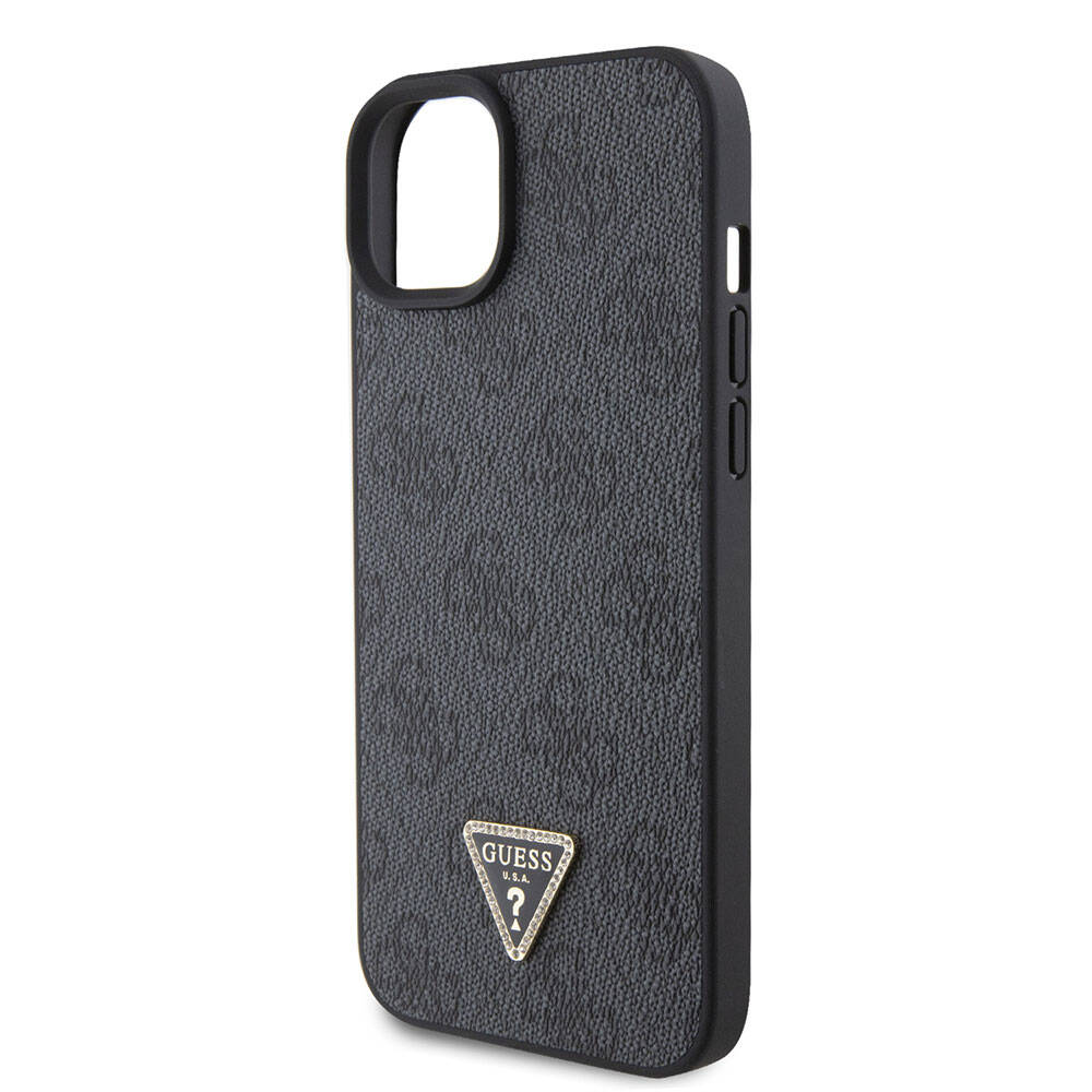 iPhone 15 Plus Kılıf Guess Orjinal Lisanslı PU Deri Askılı Taşlı Üçgen Logo 4G Desenli Strass Crossbody Kılıf