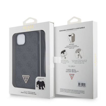 iPhone 15 Plus Kılıf Guess Orjinal Lisanslı PU Deri Askılı Taşlı Üçgen Logo 4G Desenli Strass Crossbody Kılıf
