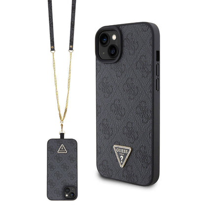 iPhone 15 Plus Kılıf Guess Orjinal Lisanslı PU Deri Askılı Taşlı Üçgen Logo 4G Desenli Strass Crossbody Kılıf