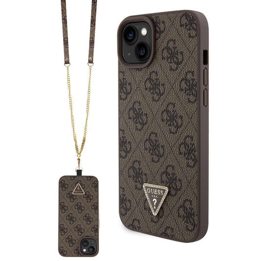 iPhone 15 Plus Kılıf Guess Orjinal Lisanslı PU Deri Askılı Taşlı Üçgen Logo 4G Desenli Strass Crossbody Kılıf