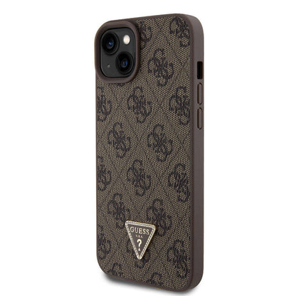 iPhone 15 Plus Kılıf Guess Orjinal Lisanslı PU Deri Askılı Taşlı Üçgen Logo 4G Desenli Strass Crossbody Kılıf