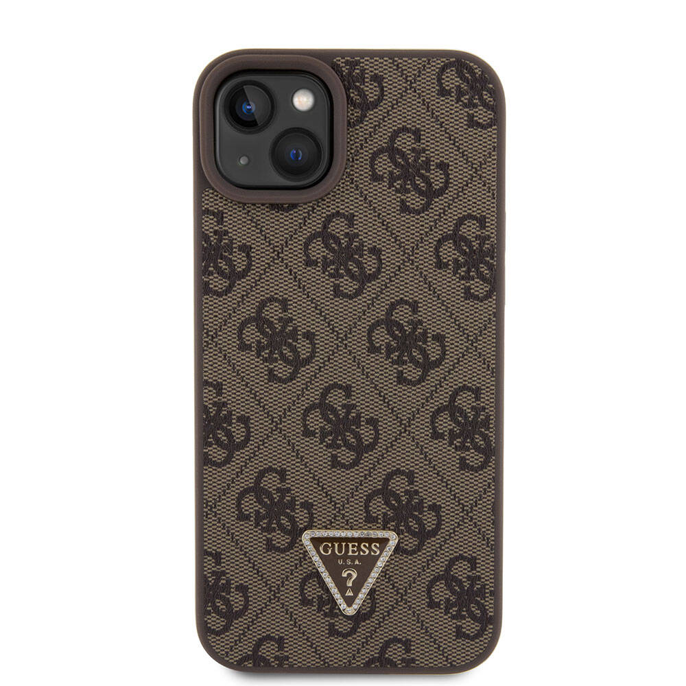 iPhone 15 Plus Kılıf Guess Orjinal Lisanslı PU Deri Askılı Taşlı Üçgen Logo 4G Desenli Strass Crossbody Kılıf
