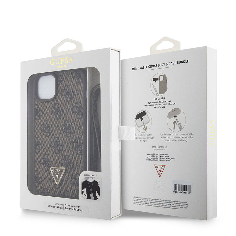 iPhone 15 Plus Kılıf Guess Orjinal Lisanslı PU Deri Askılı Taşlı Üçgen Logo 4G Desenli Strass Crossbody Kılıf