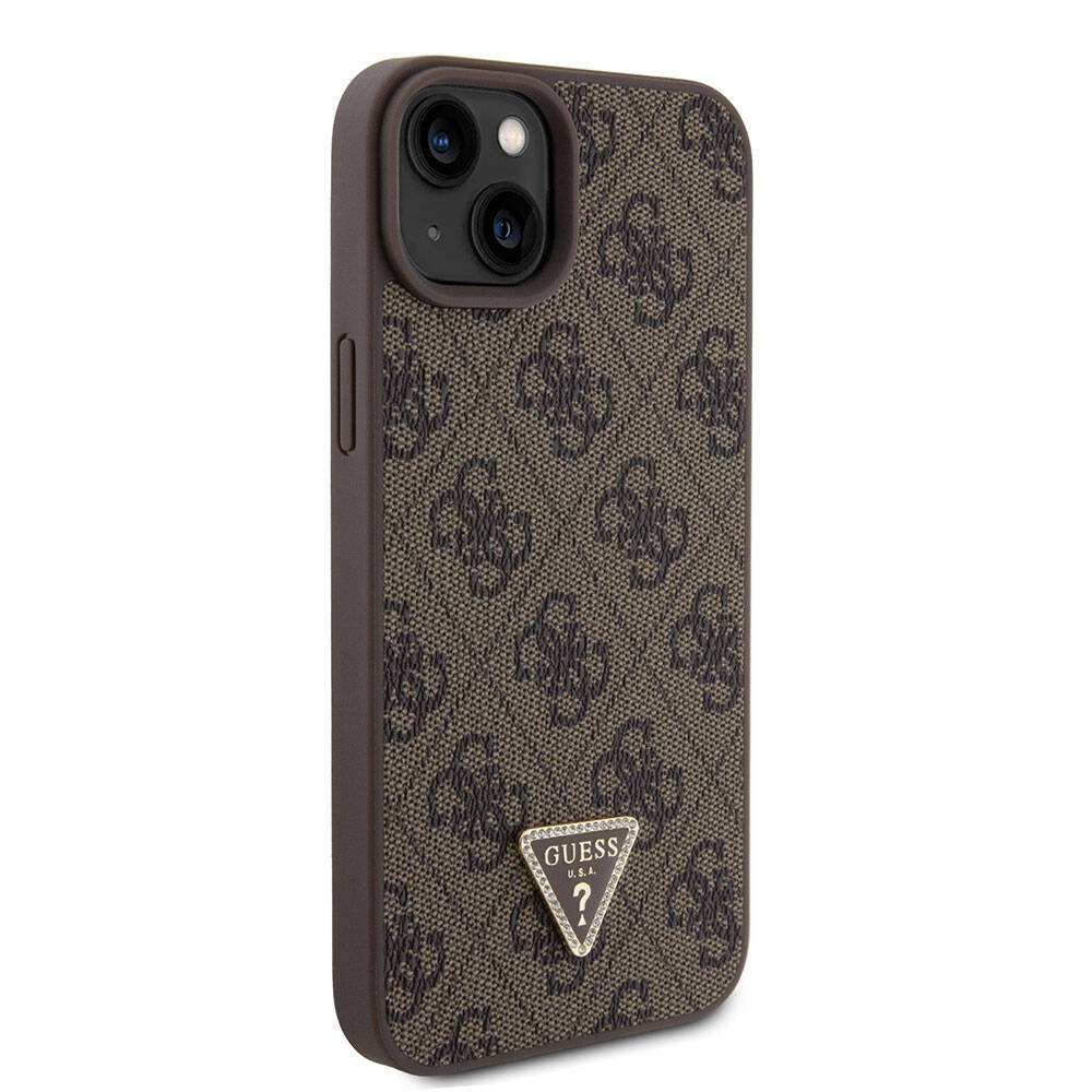 iPhone 15 Plus Kılıf Guess Orjinal Lisanslı PU Deri Askılı Taşlı Üçgen Logo 4G Desenli Strass Crossbody Kılıf