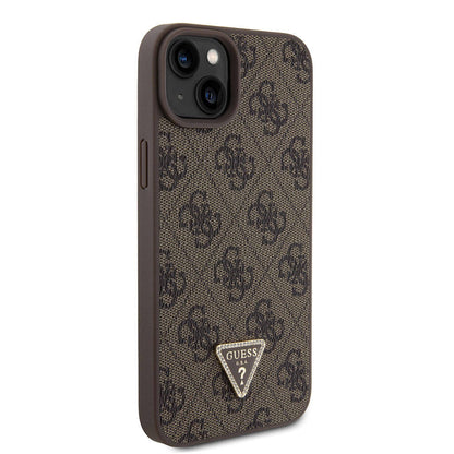iPhone 15 Plus Kılıf Guess Orjinal Lisanslı PU Deri Askılı Taşlı Üçgen Logo 4G Desenli Strass Crossbody Kılıf
