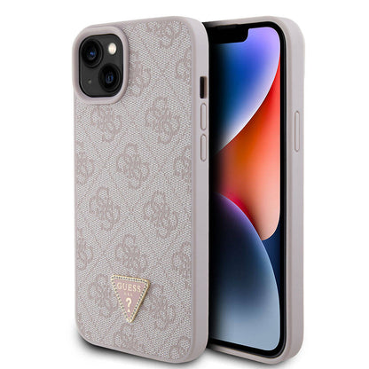 iPhone 15 Plus Kılıf Guess Orjinal Lisanslı PU Deri Taşlı Üçgen Logo 4G Desenli Kılıf